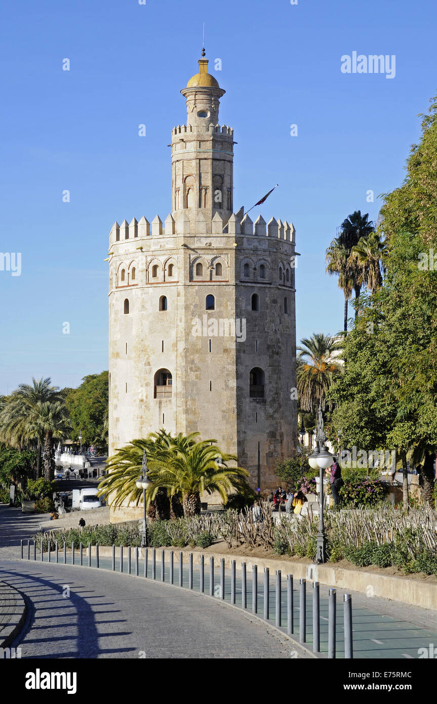 Torre del Oro, Gold Tower, maritime museum, promenade, Seville, Andalusia, Spain Stock Photo