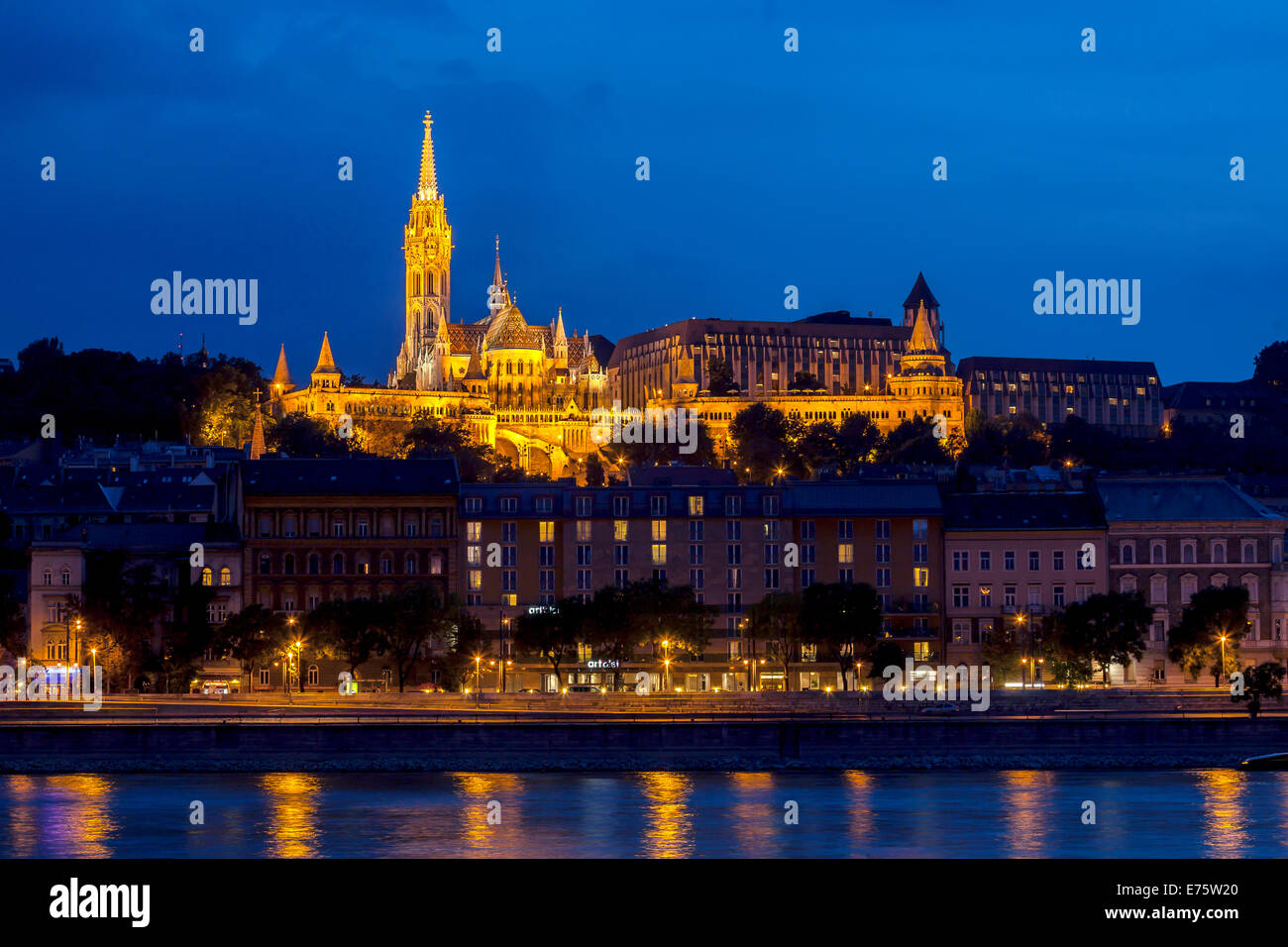 Castle hill with Matthias Church and Fisherman's Bastion in the blue hour, Budapest, Hungary Stock Photo