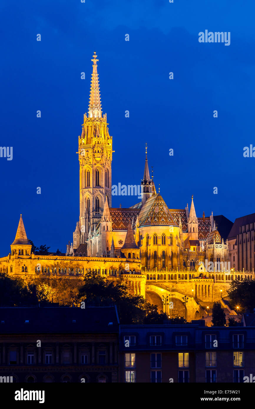 Castle hill with Matthias Church in the blue hour, Budapest, Hungary Stock Photo