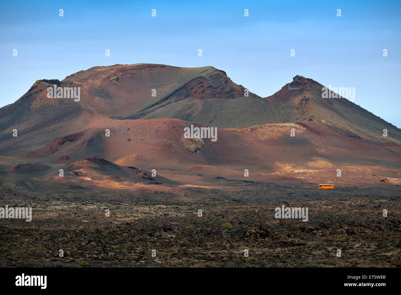 Guided bus tour through the Montanas del Fuego, Timanfaya National Park, Lanzarote, Canary Islands, Spain Stock Photo