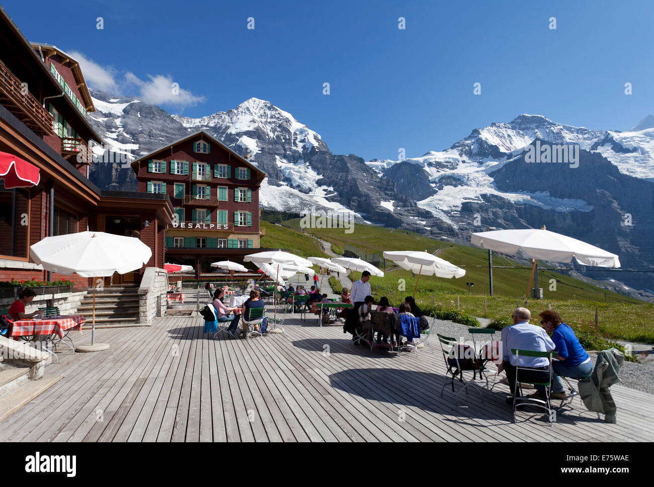 Mönch Mountain, Jungfrau Mountain, Kleine Scheidegg mountain pass, hotel, Grindelwald, Bernese Oberland, Canton of Bern Stock Photo