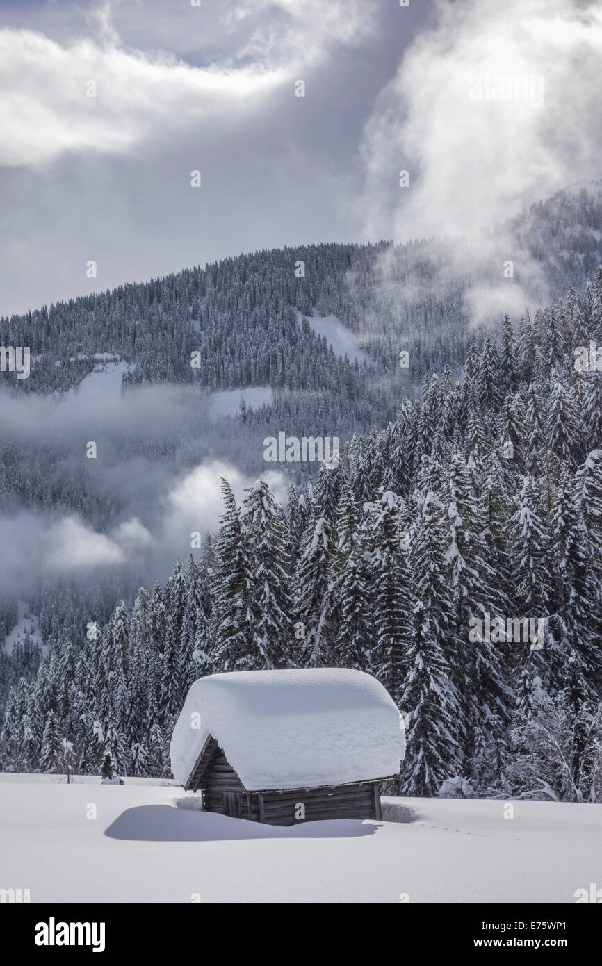 Wooden hut covered with a lot of snow, Obertilliach, Lesachtal valley, East Tyrol, Austria Stock Photo