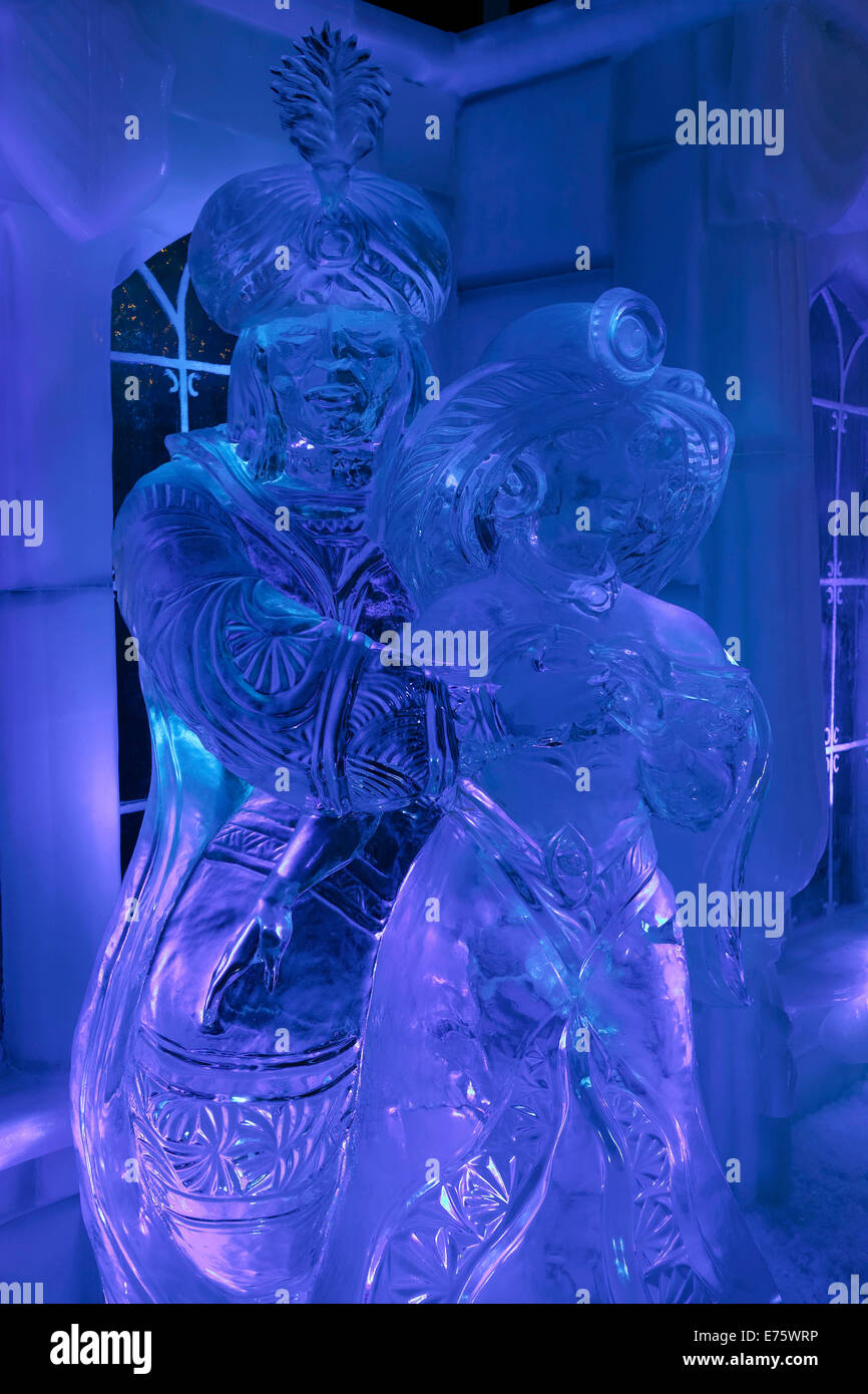 Oriental couple made of ice, Ice Sculpture Festival, Bruges, West Flanders, Belgium Stock Photo