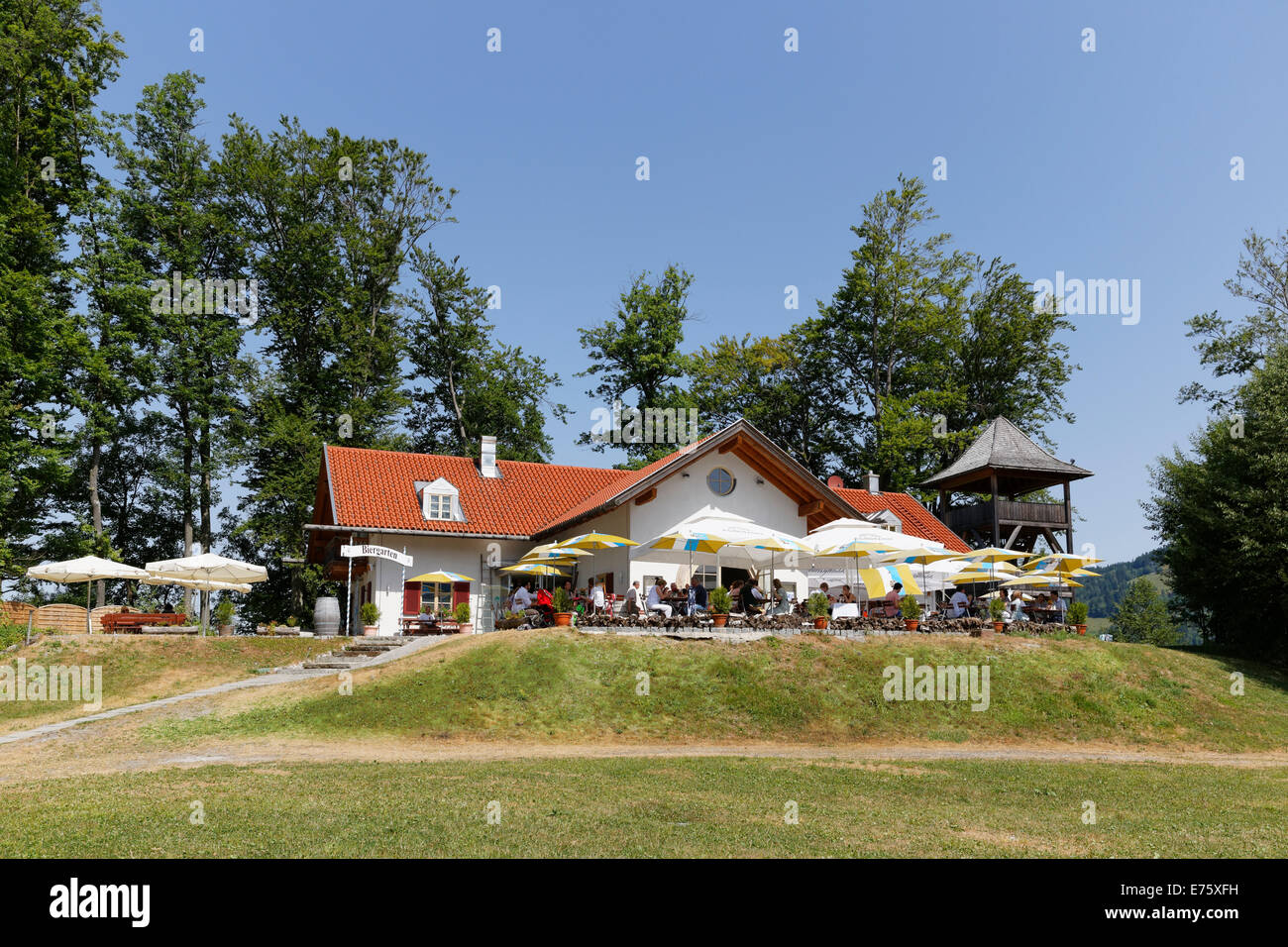 Tavern on Wörth island on Lake Schliersee, Schliersee, Upper Bavaria, Bavaria, Germany Stock Photo