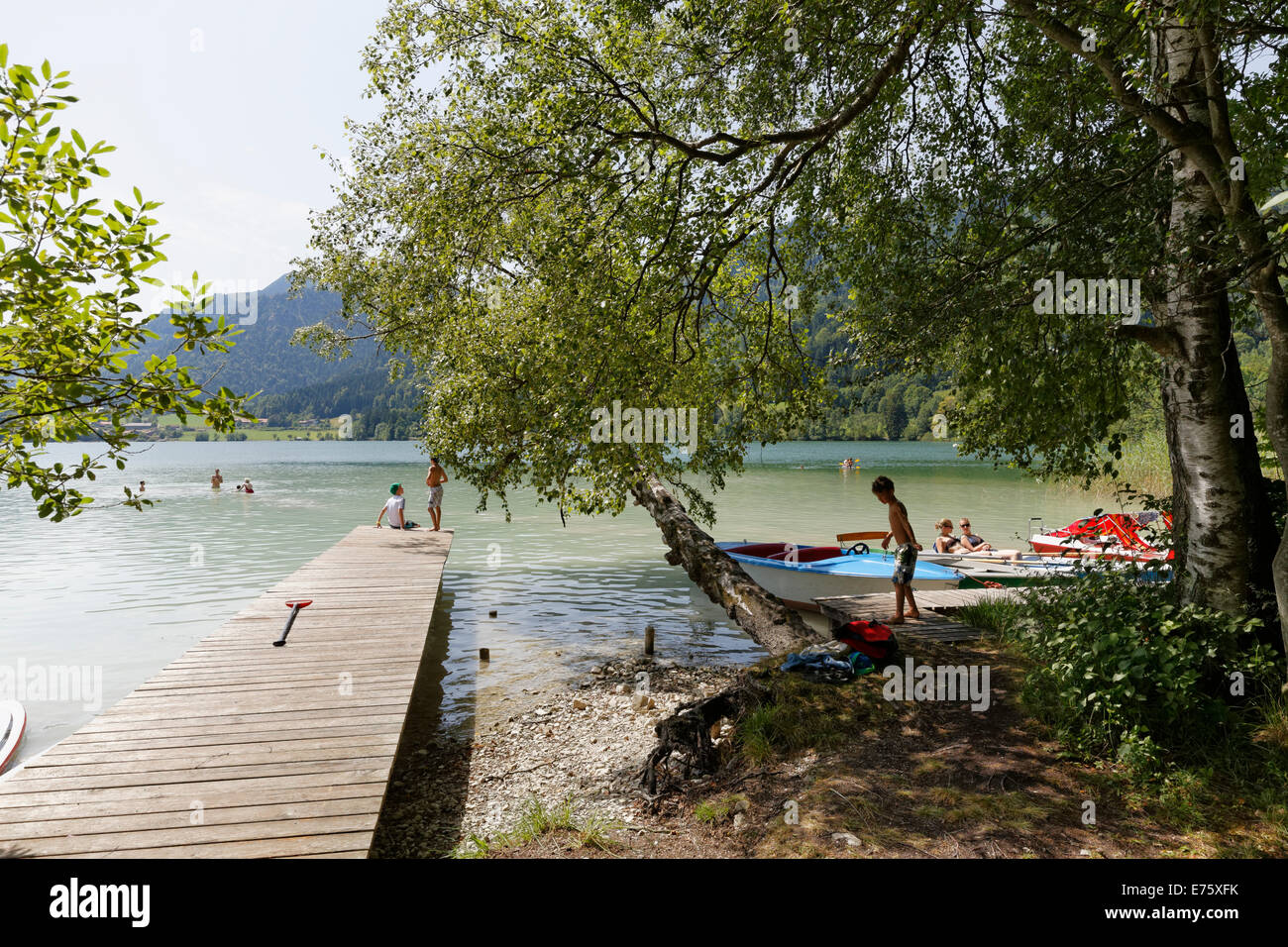 Bathing jetty, Wörth island, Schliersee, Upper Bavaria, Bavaria, Germany Stock Photo