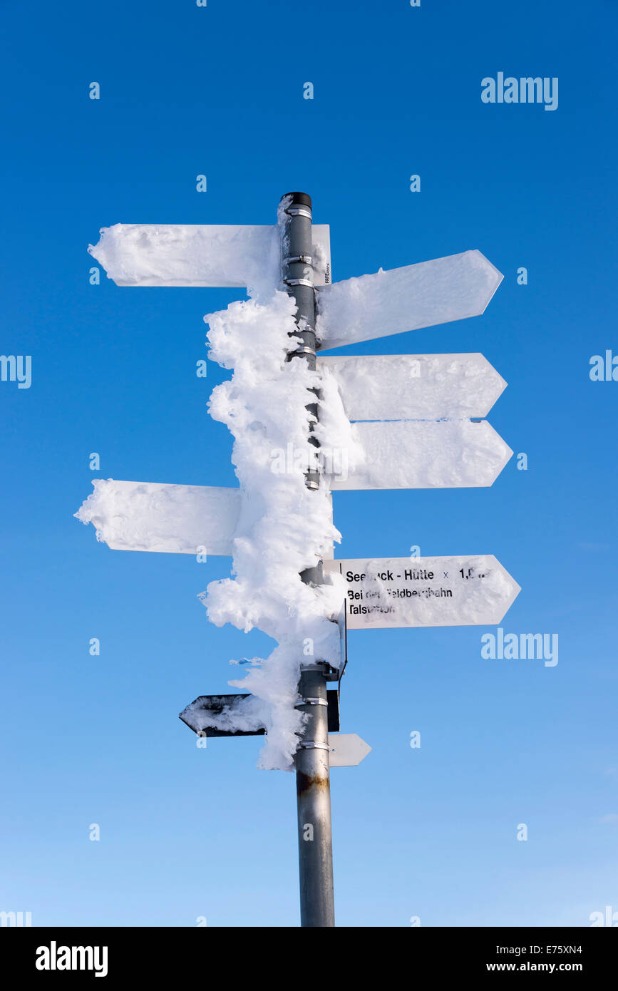 Snow-covered signpost, Feldberg, Black Forest, Baden-Württemberg, Germany Stock Photo