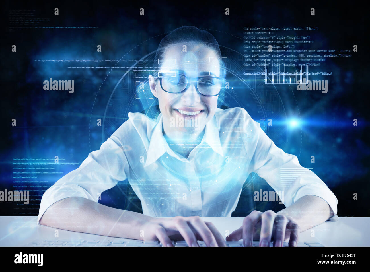 Composite image of businesswoman typing on a keyboard Stock Photo - Alamy