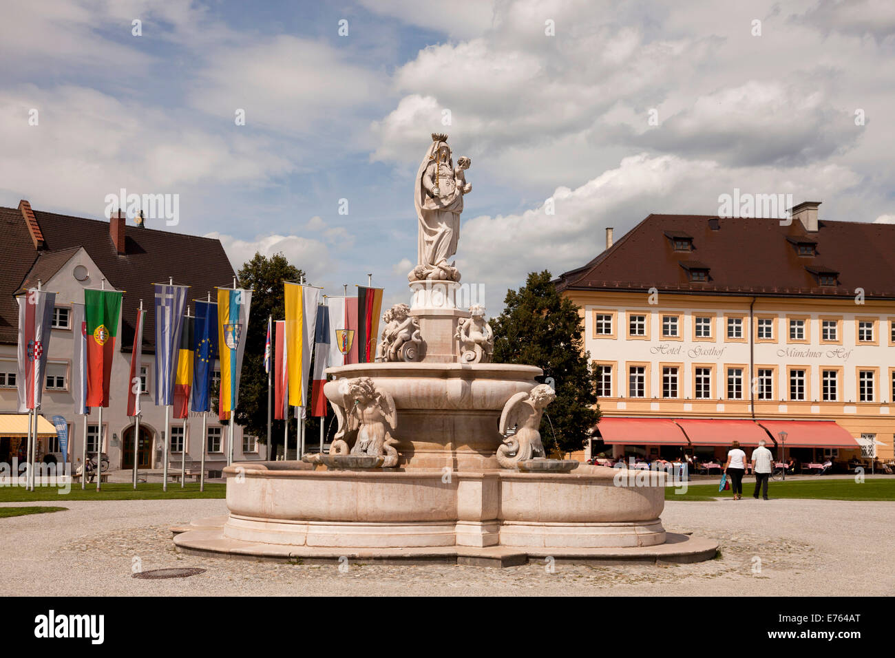 fountain of Maria on Kapellplatz square in Altoetting, Upper-Bavaria, Bavaria, Germany, Europe Stock Photo