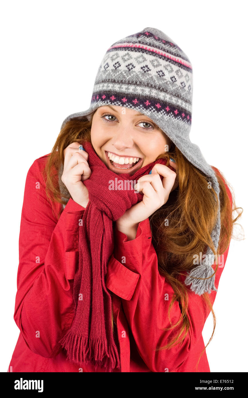 Cold redhead wearing coat and hat Stock Photo Alamy