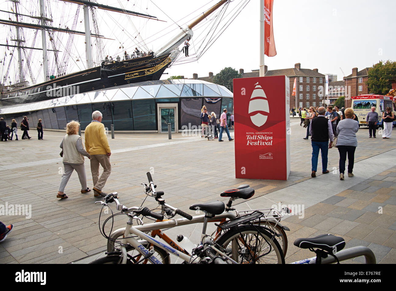 Greenwich, London - Advertising hoarding adshells around the Cutty Sark British clipper ship Stock Photo