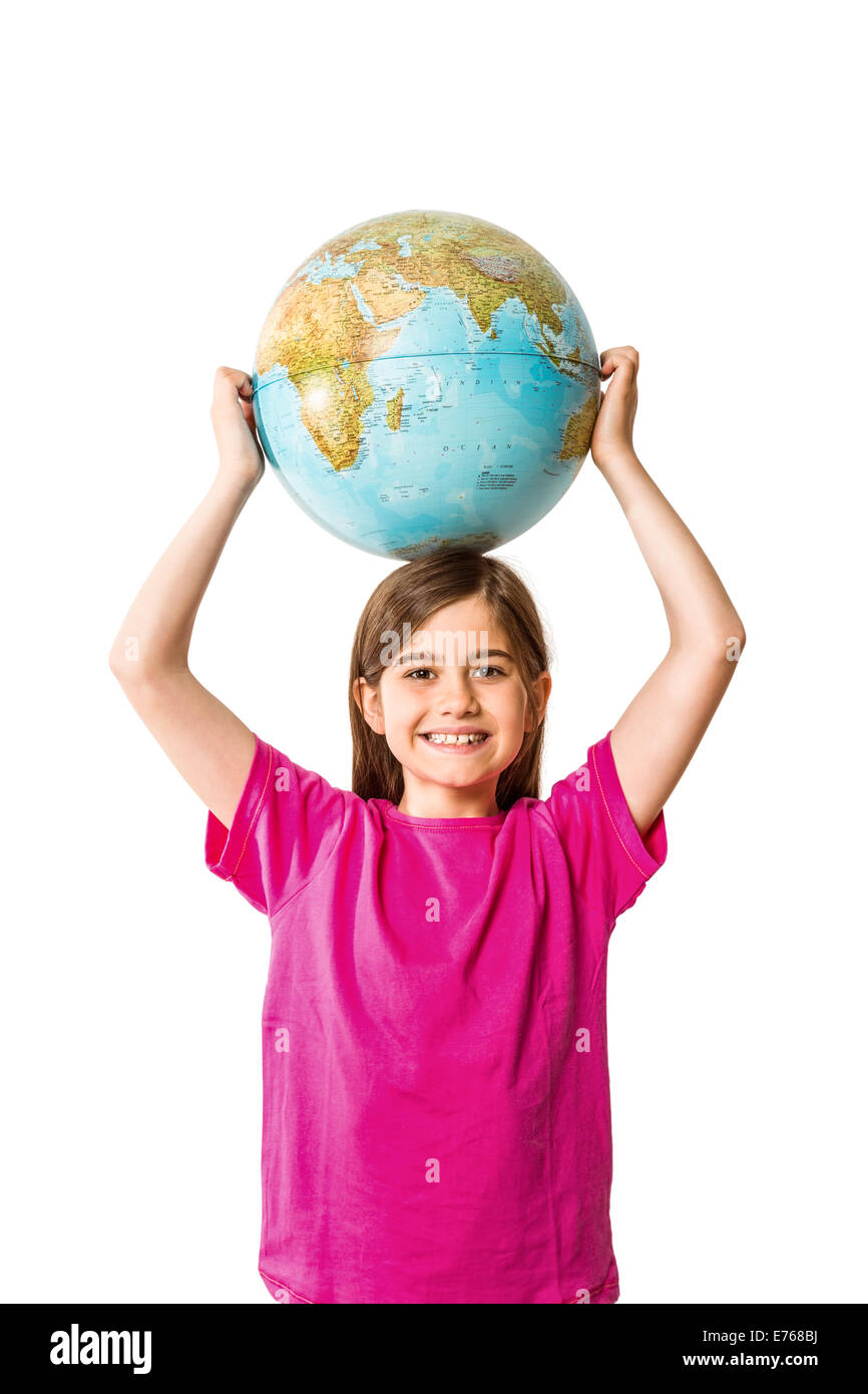 Cute pupil smiling holding globe Stock Photo - Alamy