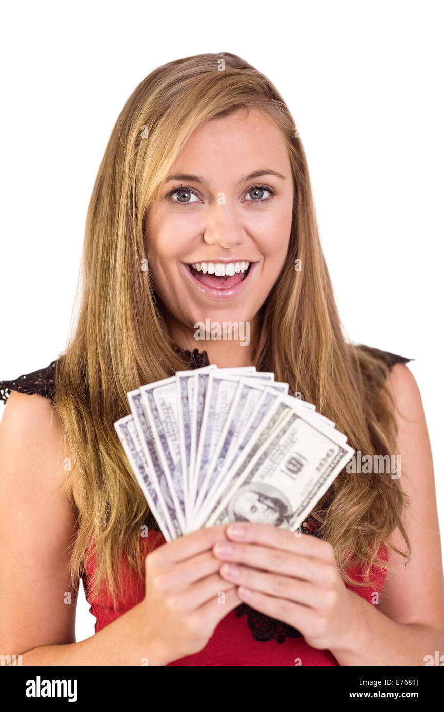 Pretty blonde showing wad of cash Stock Photo
