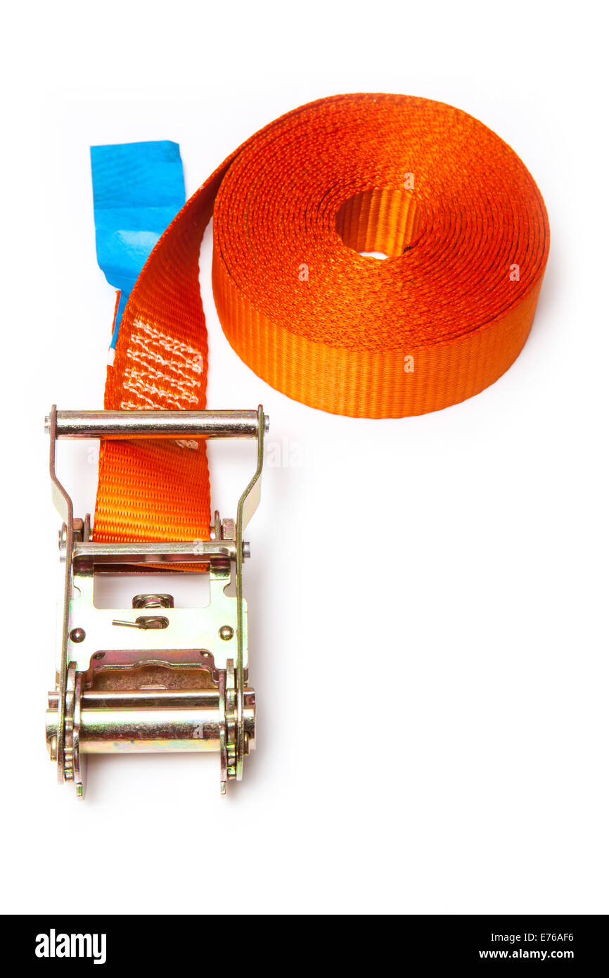Orange ratchet strap isolated on a white studio background Stock Photo Alamy