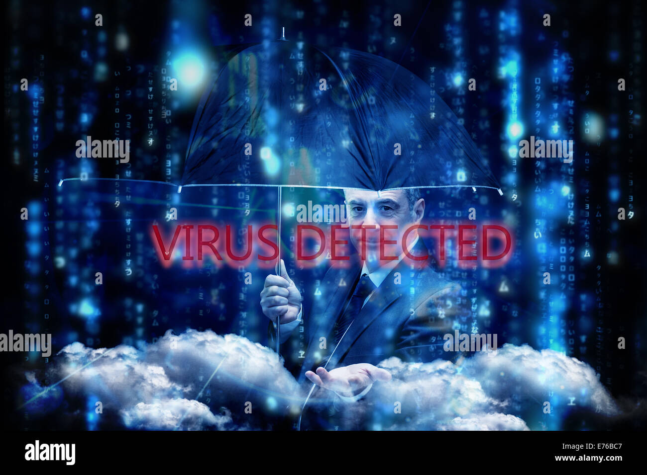Virus detected against lines of blue blurred letters falling Stock Photo