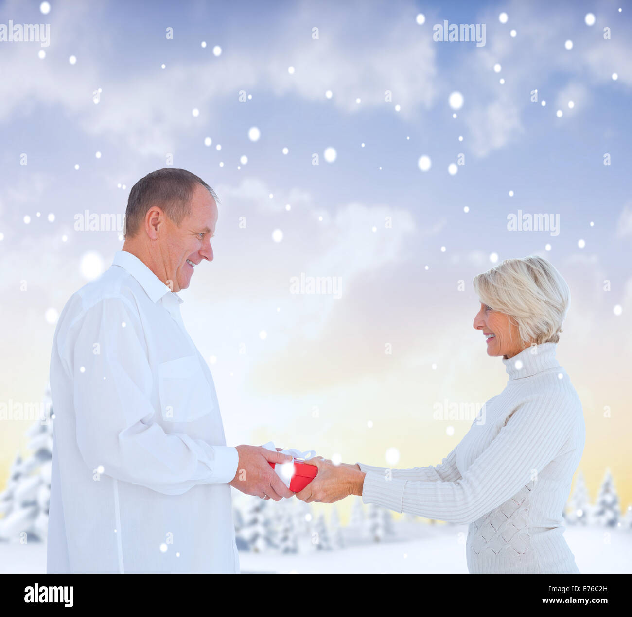 Composite image of couple exchanging gift Stock Photo