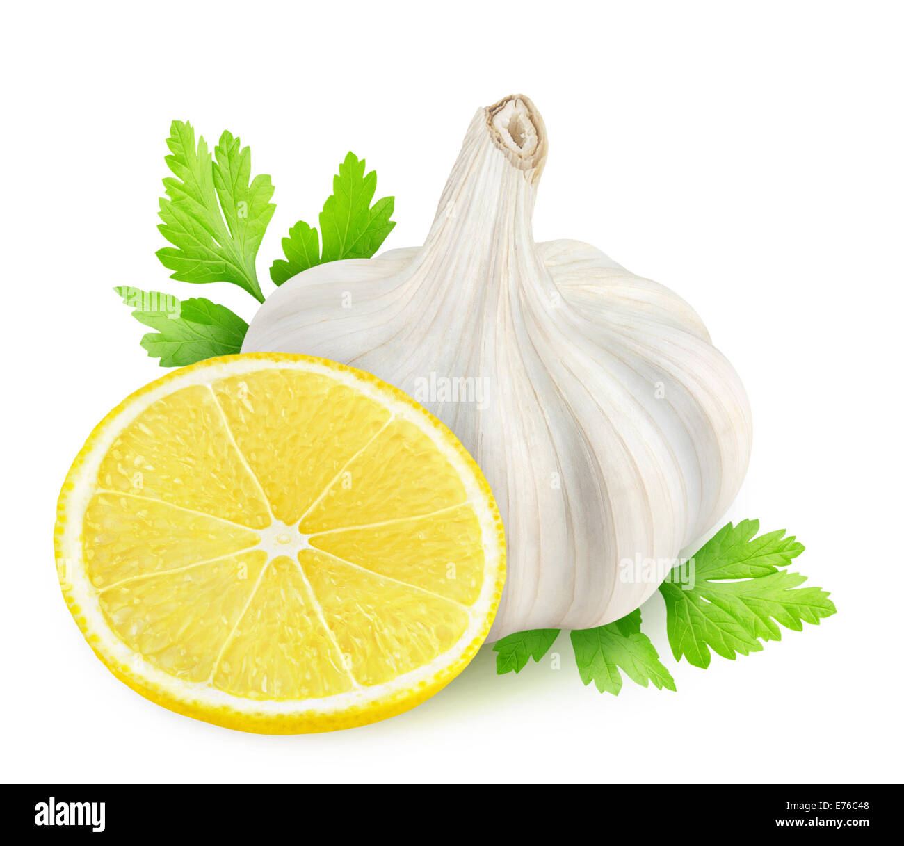 Lemon, garlic and parsley (gremolata ingredient) on white background