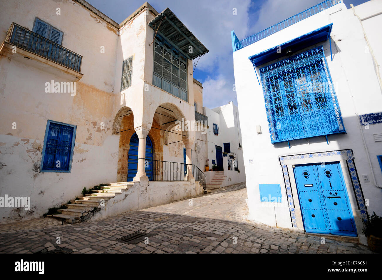 Street of Sidi Bou Said. Sidi Bou Said Andalous village and UNESCO World Heritage near the old Carthage Stock Photo