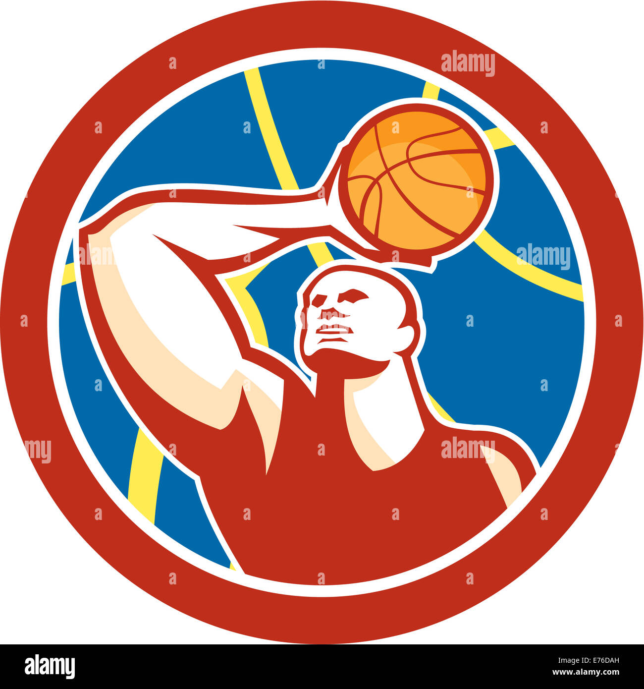 Illustration of a basketball player shooting ball over head set inside  circle with giant ball in the background done in retro style Stock Photo -  Alamy