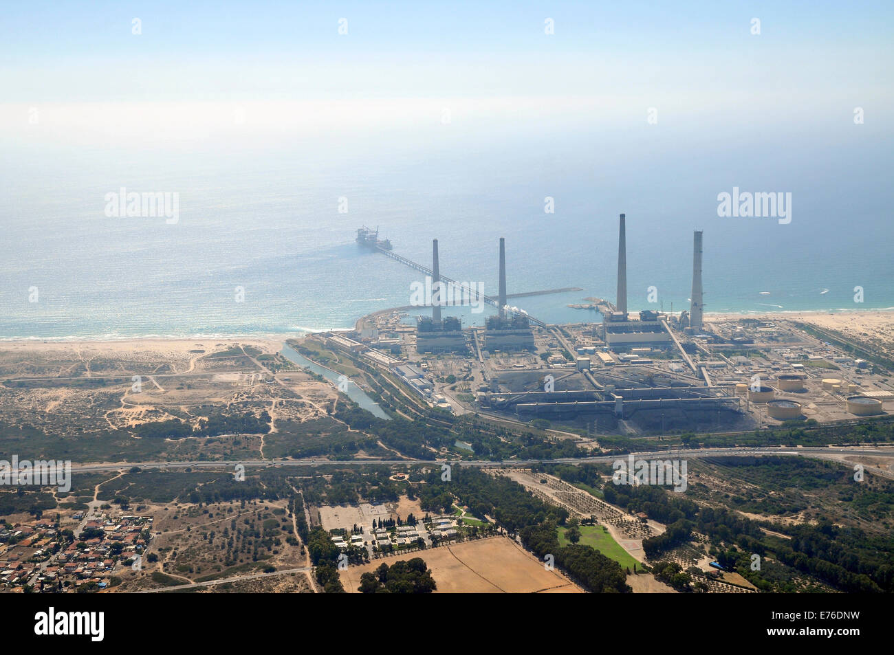 Aerial Photography of the Orot Rabin coal operated power plant, Hadera, Israel Stock Photo