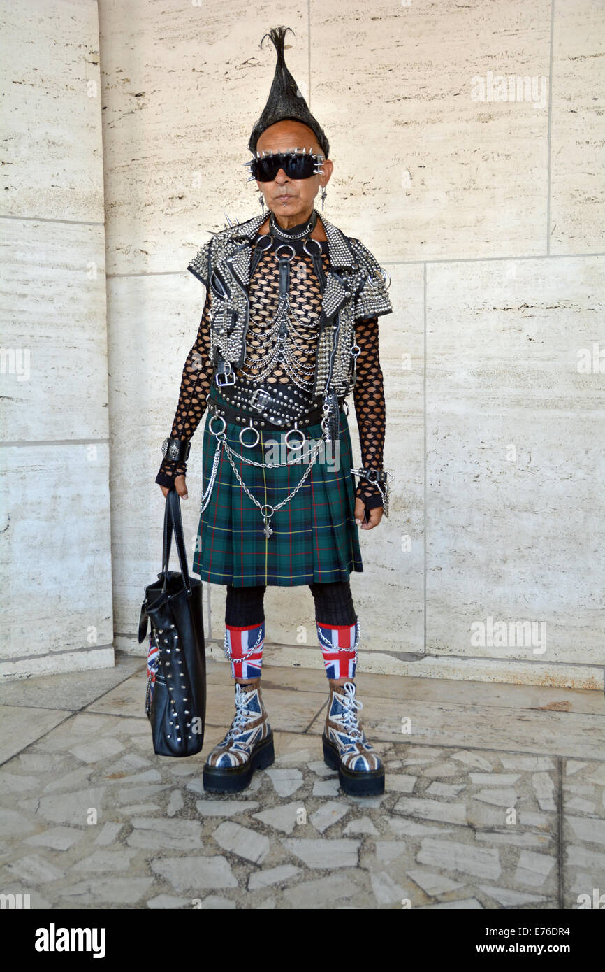 Portrait of retired designer Ben in an outrageous outfit at Fashion Week 2014 in New York City. Stock Photo