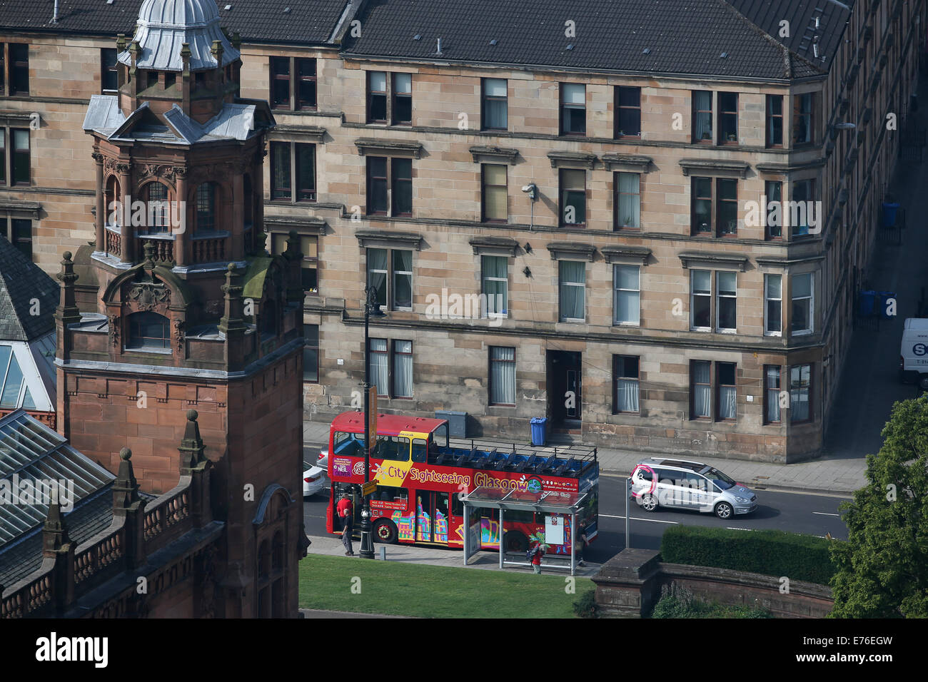 Aerial view of Glasgow tour bus on Dumbarton Road Stock Photo Alamy