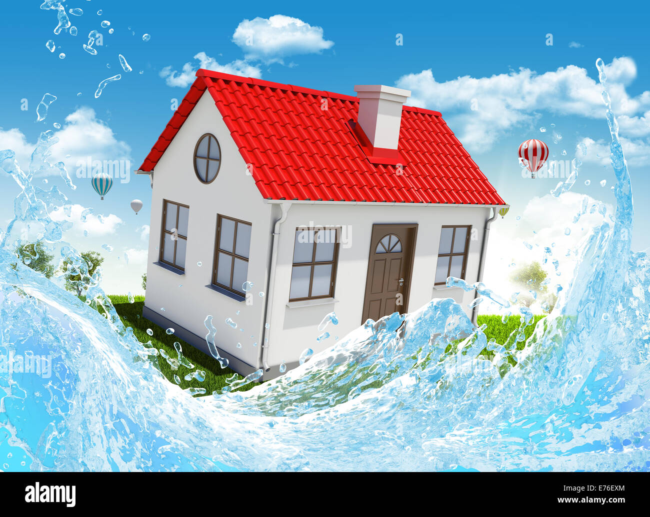 House, green meadow and water splash Stock Photo - Alamy