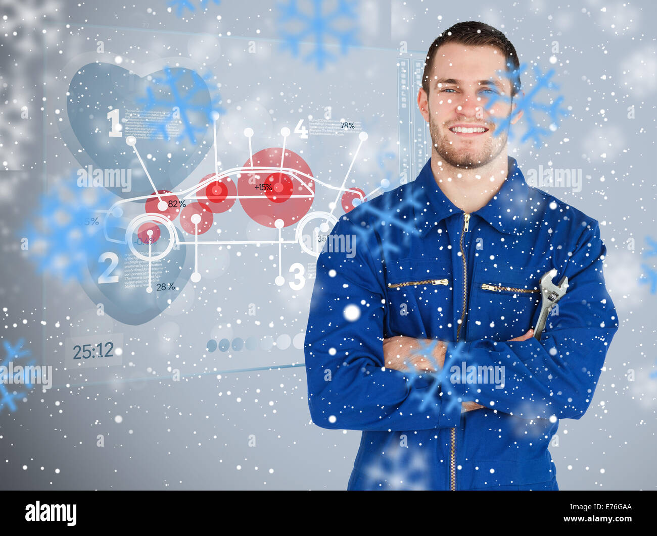 Composite image of portrait of a young mechanic next to futuristic interface Stock Photo