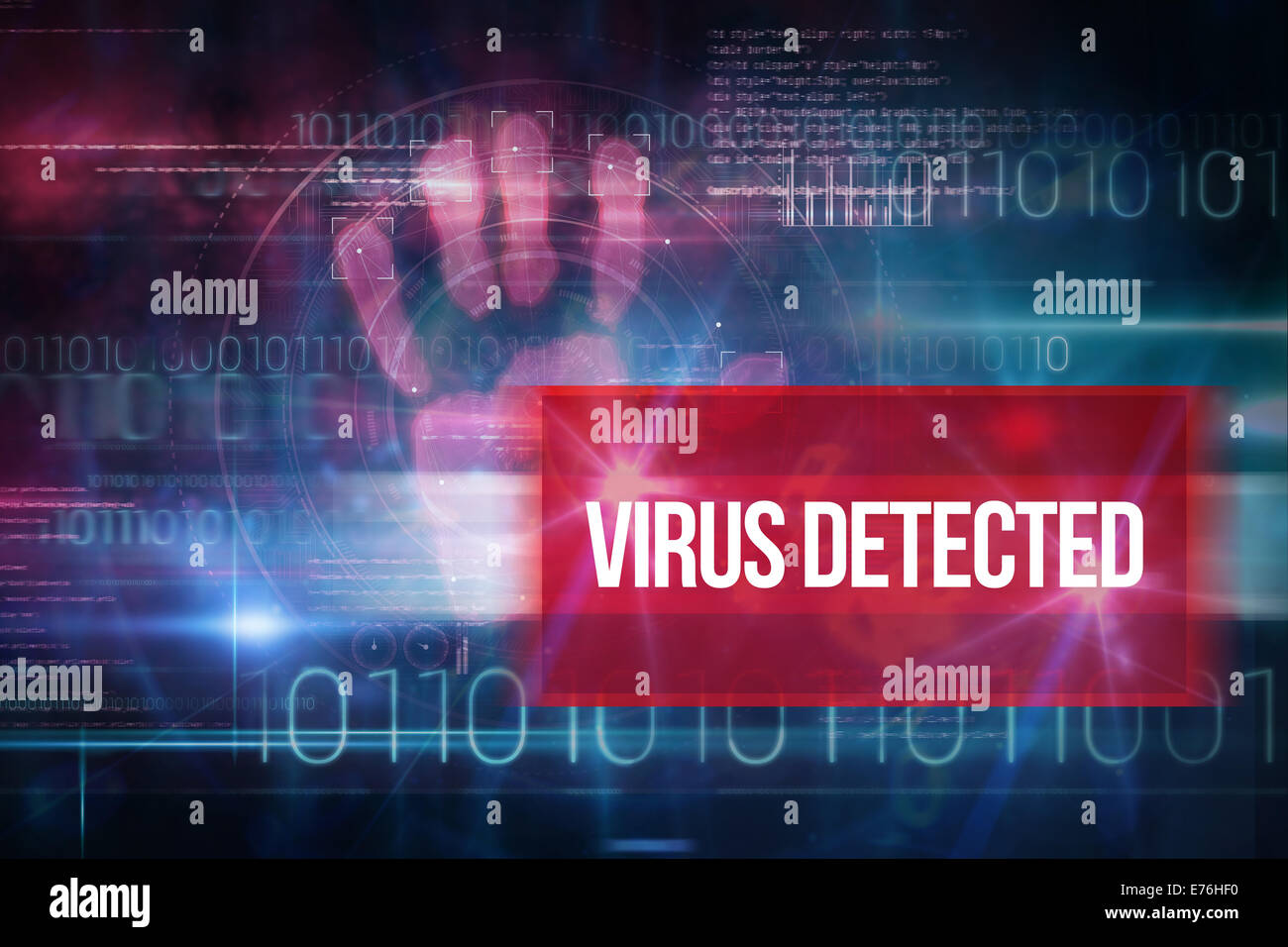 Virus detected against blue technology design with binary code Stock Photo