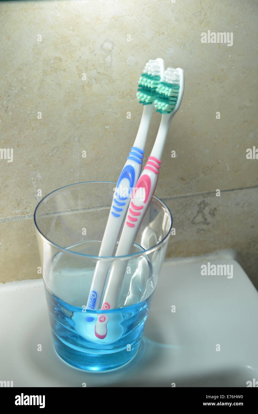 Pink and blue toothbrushes side by side Stock Photo Alamy