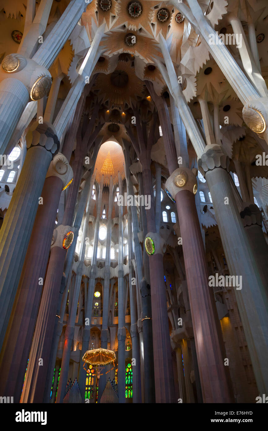 BARCELONA, SPAIN - AUGUST 27, 2014: Interior of La Sagrada Familia - the impressive cathedral designed by Antonio Gaudi Stock Photo