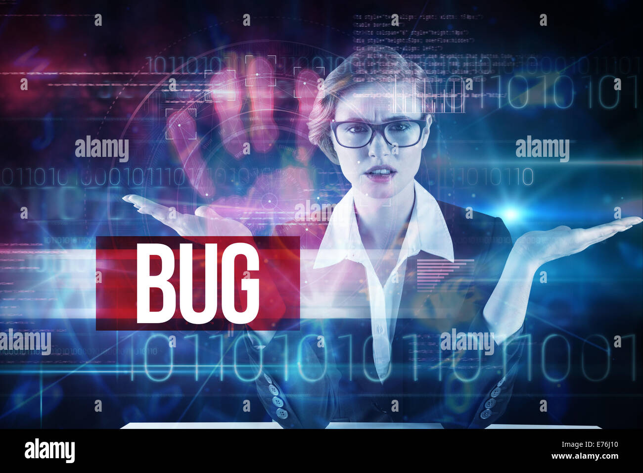 Bug against pink technology hand print interface design Stock Photo