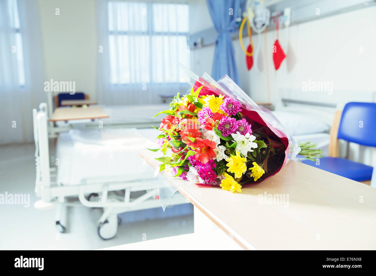 Bouquet of flowers in hospital room Stock Photo