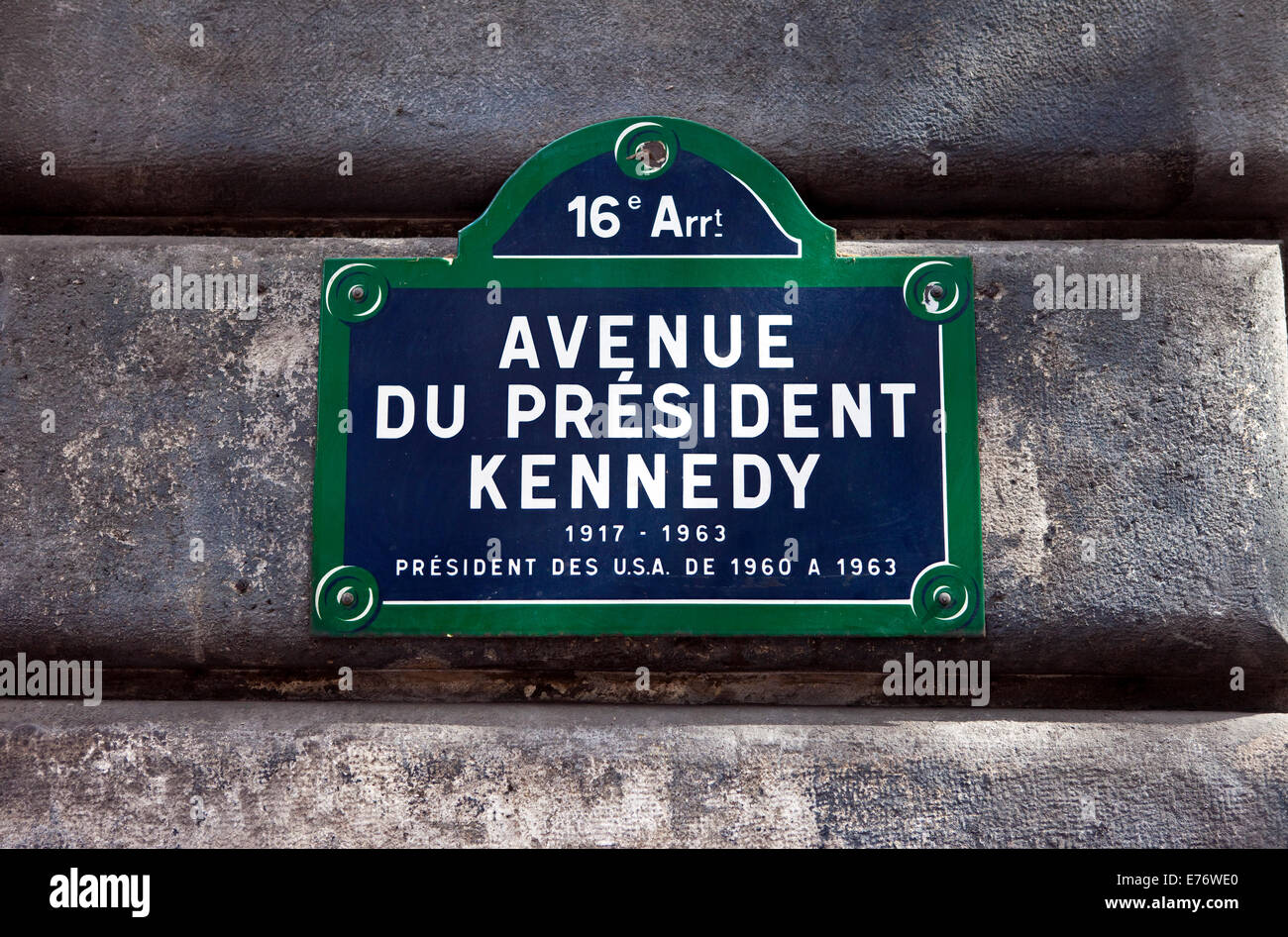 A street sign for Avenue du President Kennedy in Paris, named after the 35th President of the United States - John F. Kennedy. Stock Photo