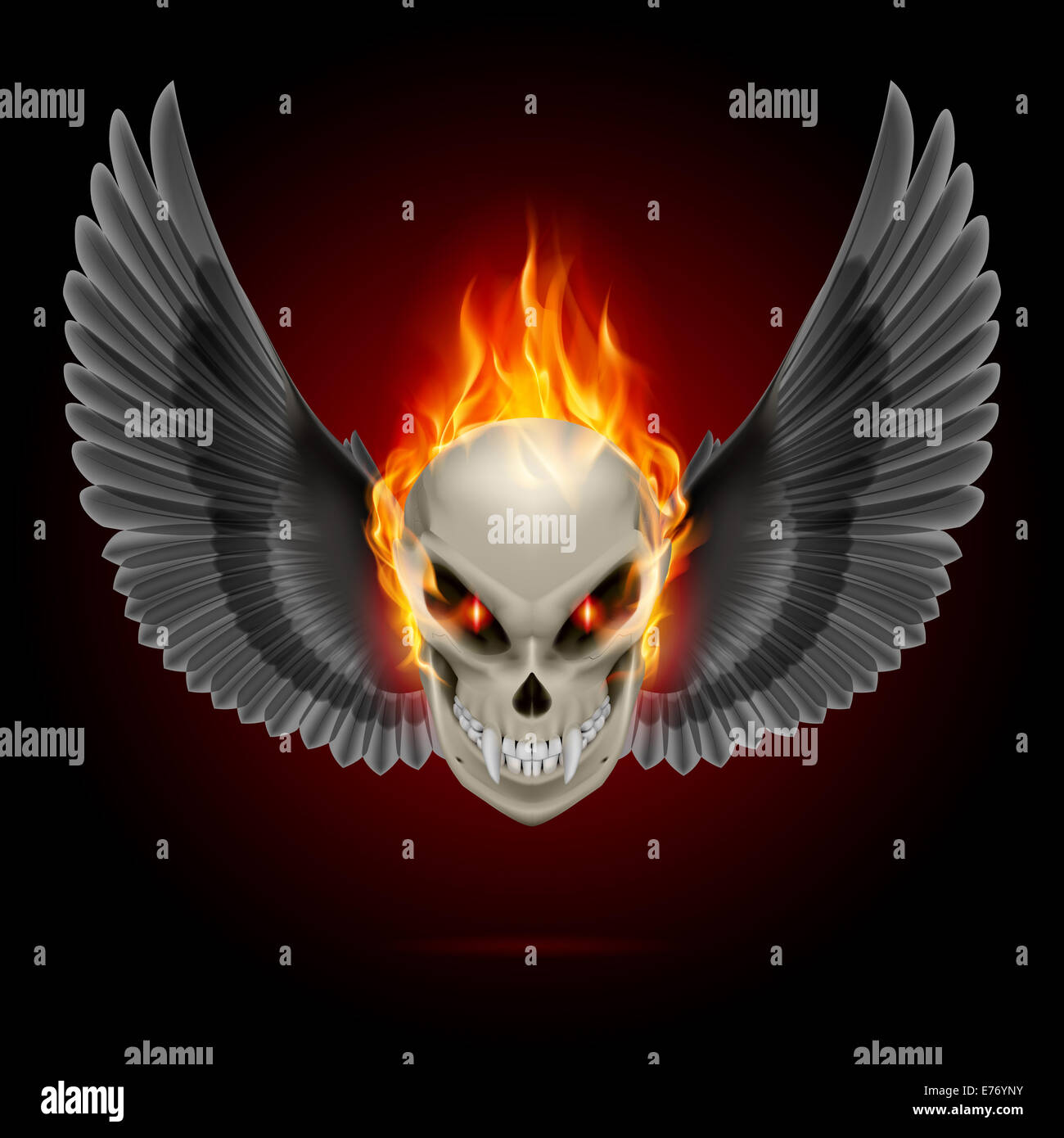 Mutant skull with long fangs, orange flame and black wings Stock Photo