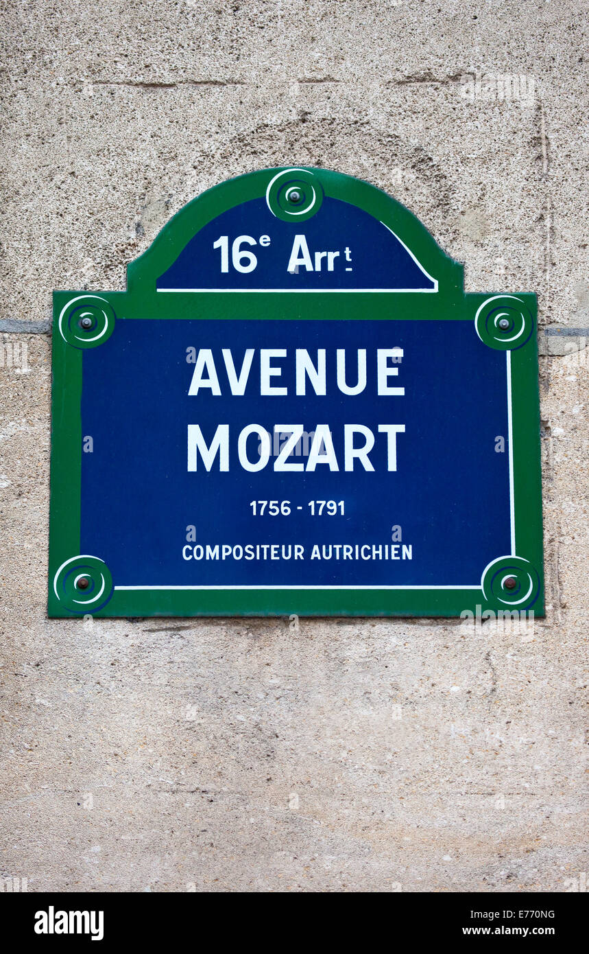 A street sign for Avenue Mozart in Paris, named after famous Austrian