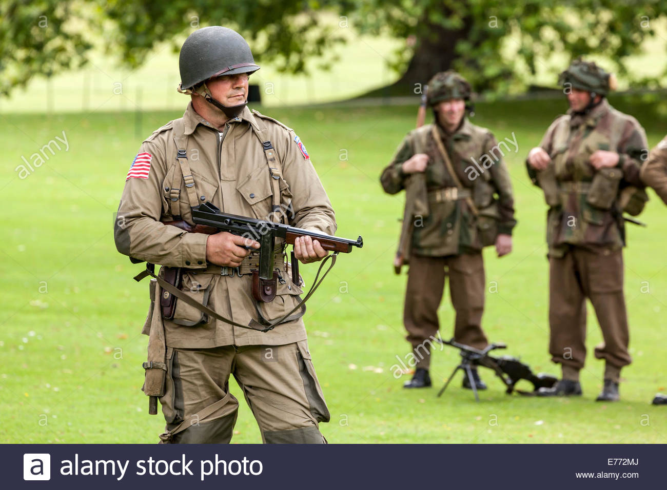 World War Two reenactment. American Paratrooper with Thompson sub