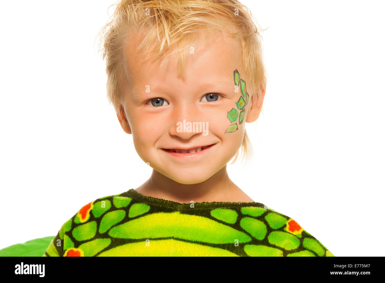 Close portrait of little boy in dragon costume Stock Photo