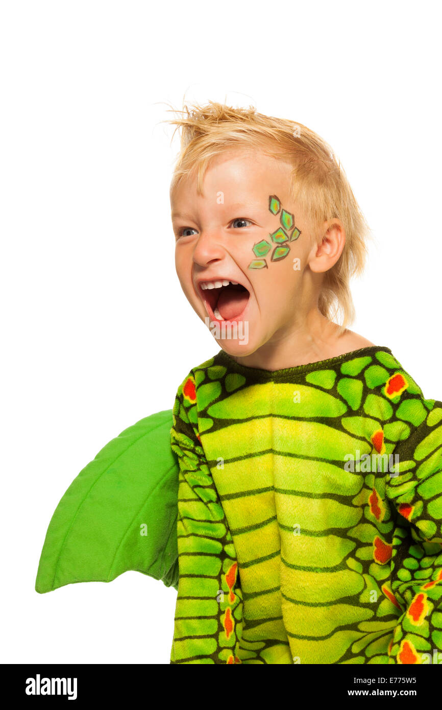 Roaring boy in monster dragon costume Stock Photo