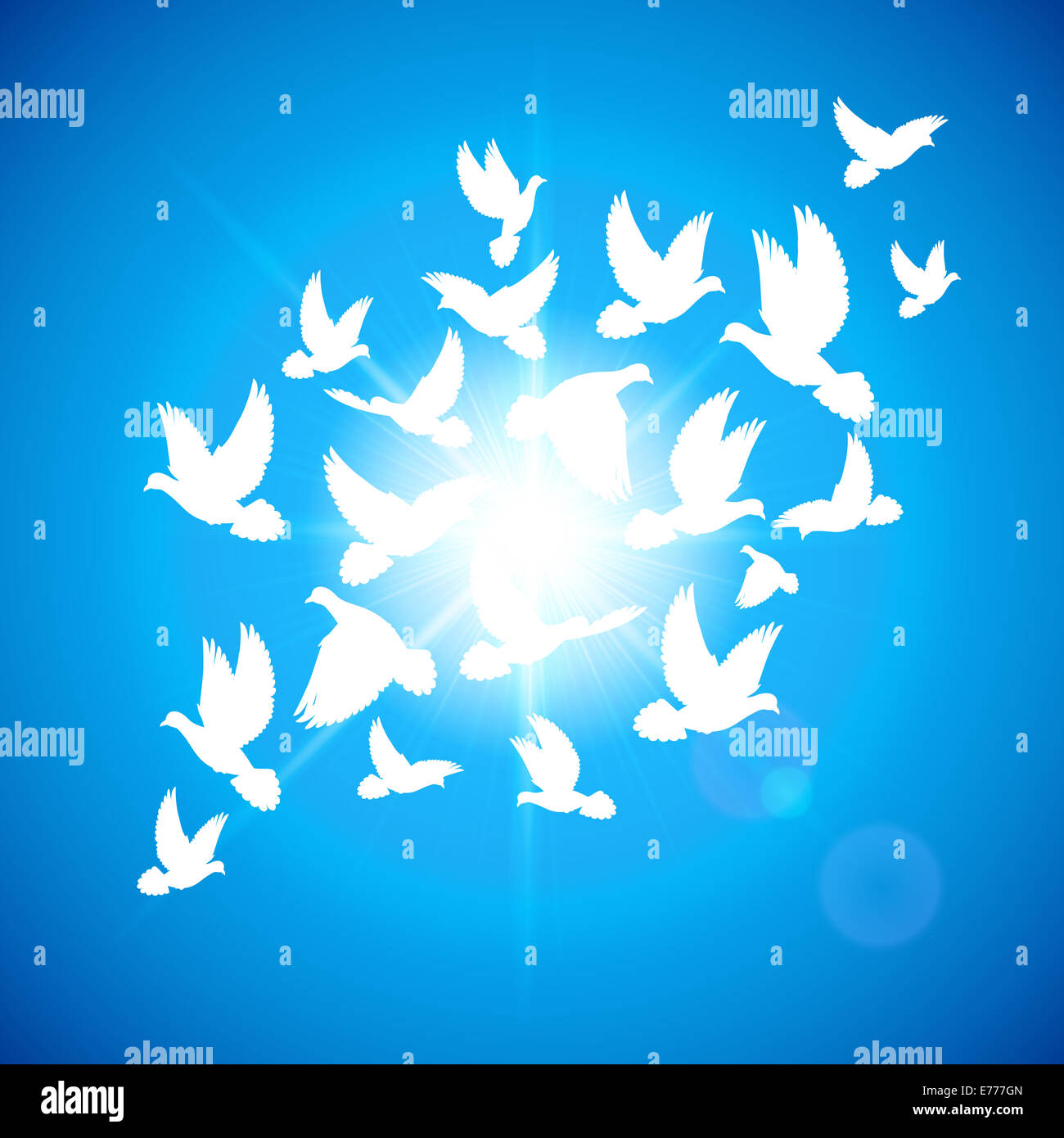 Many white dove fly in blue sky Stock Photo - Alamy
