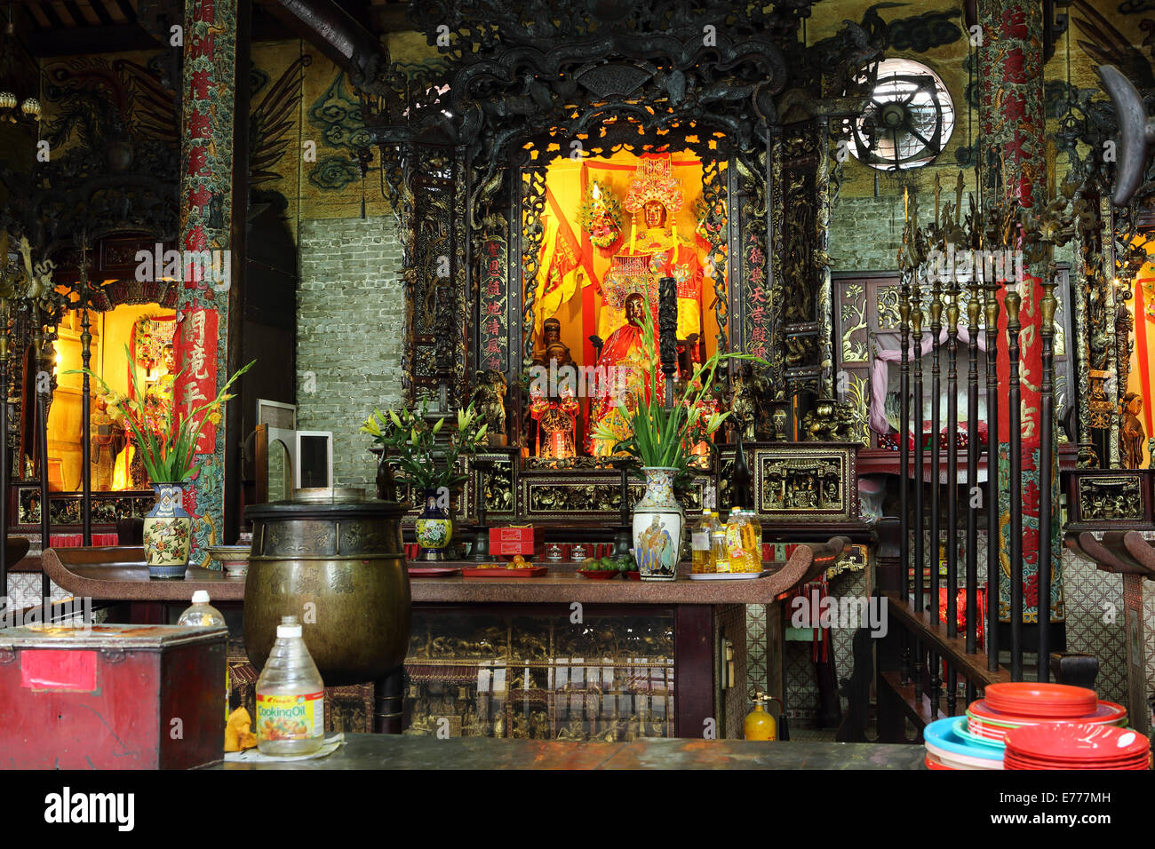 The altar of the Thien Hau Temple in the Cholon district of Ho Chi Minh City, Vietnam. Stock Photo