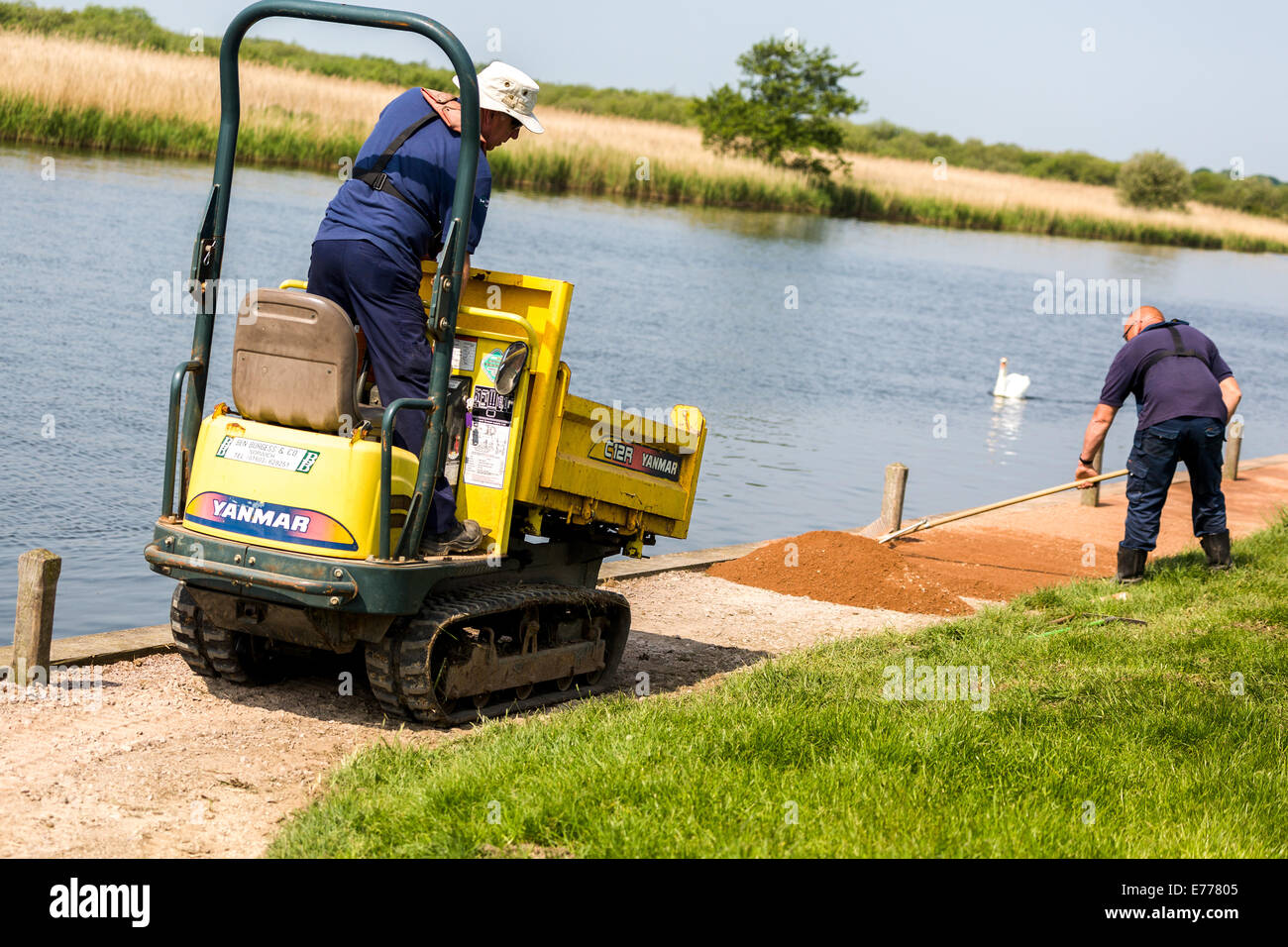 Norfolk Broads. Maintenance and repair of riverbank and pathways. Stock Photo