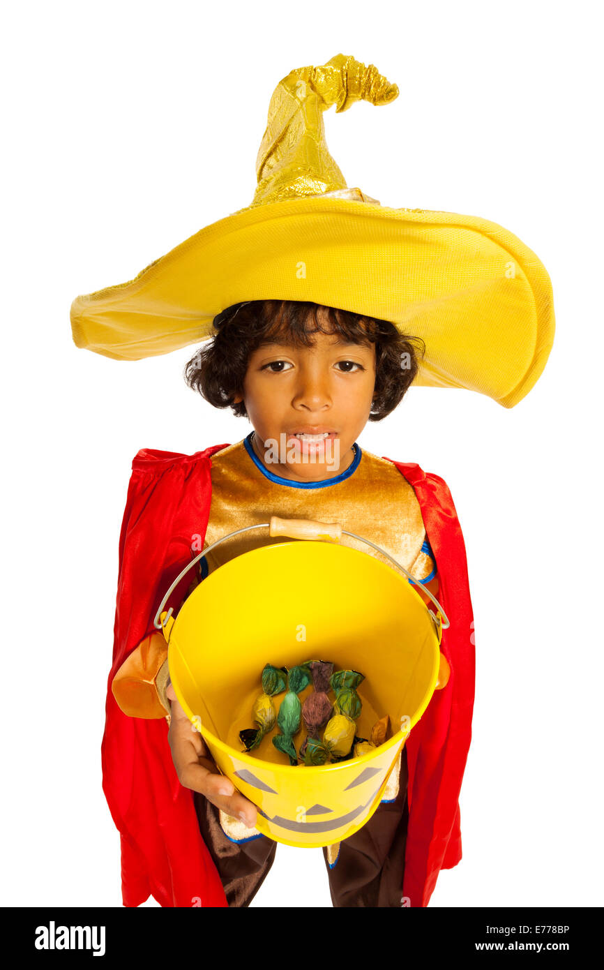 Black boy with candy bucket isolated Stock Photo