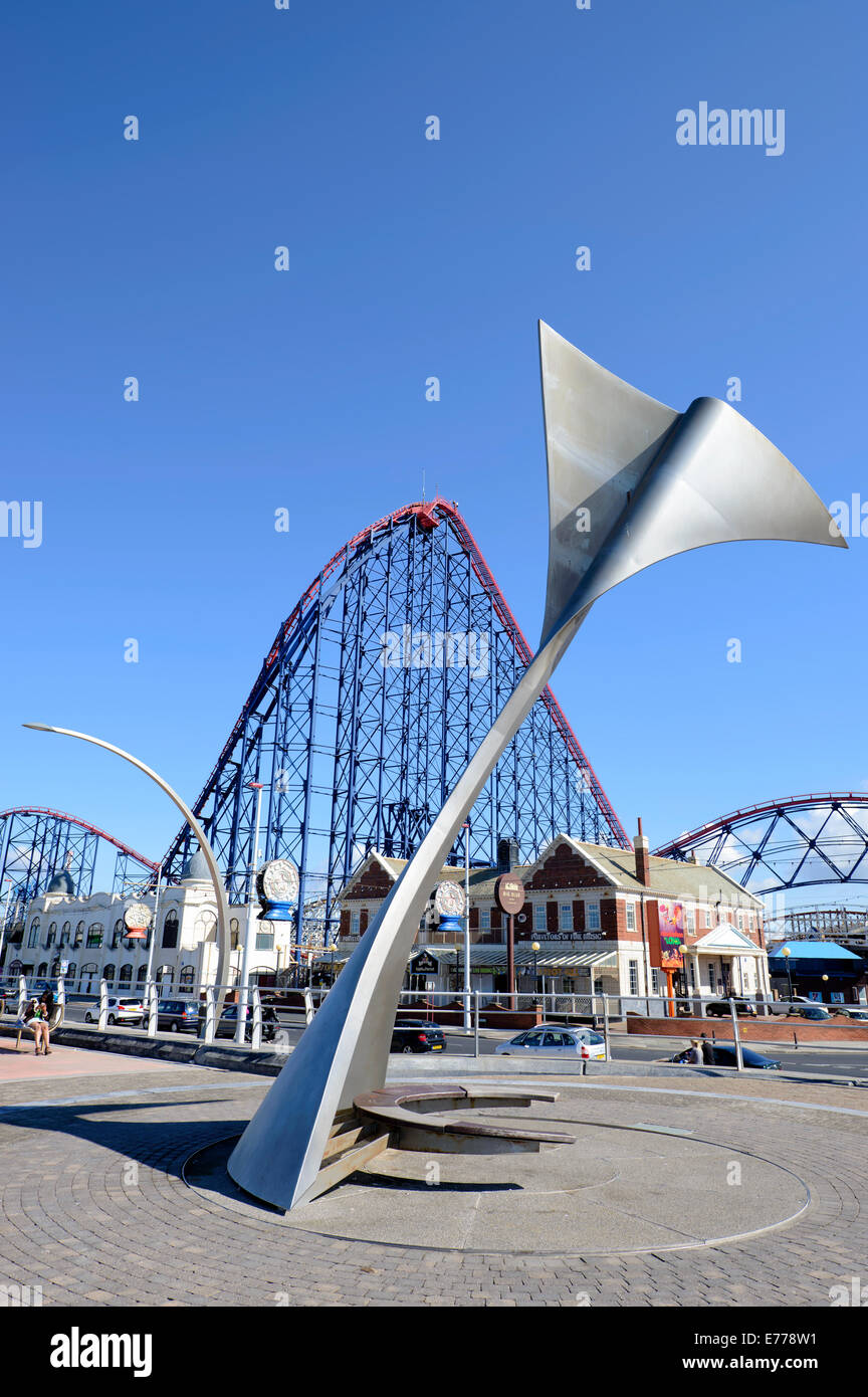Whale Tail sculpture on Blackpool Promenade with the "Big One