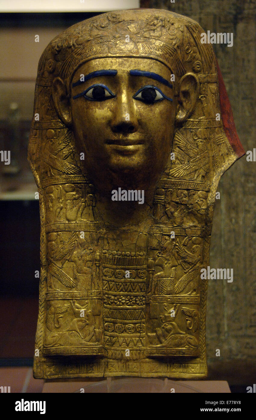 Egyptian funerary mask. 1st century BC. Age of Roman domination. Gilded cartonnage. Provenance unknown. Vatican Museums. Stock Photo