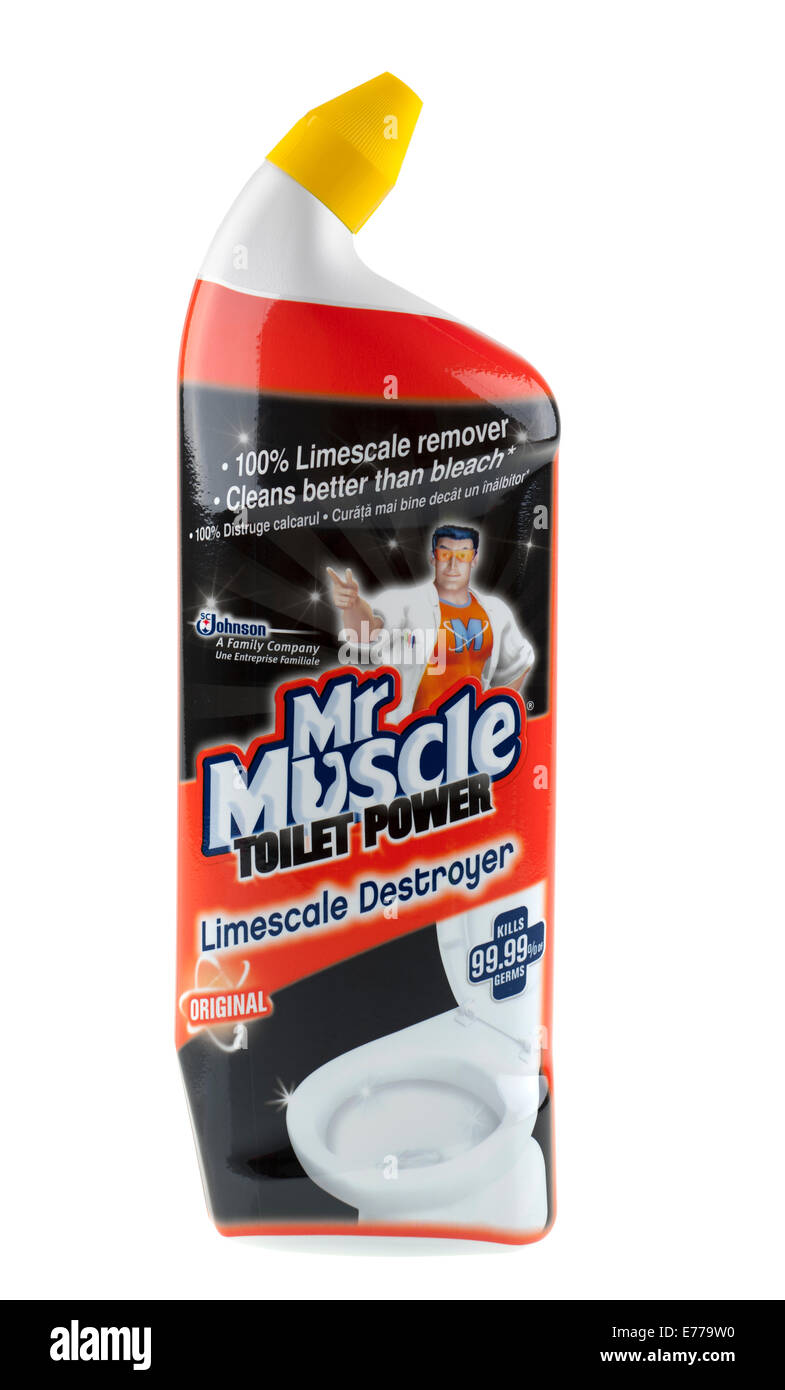 Bottle of Mr Muscle toilet power limescale destroyer Stock Photo