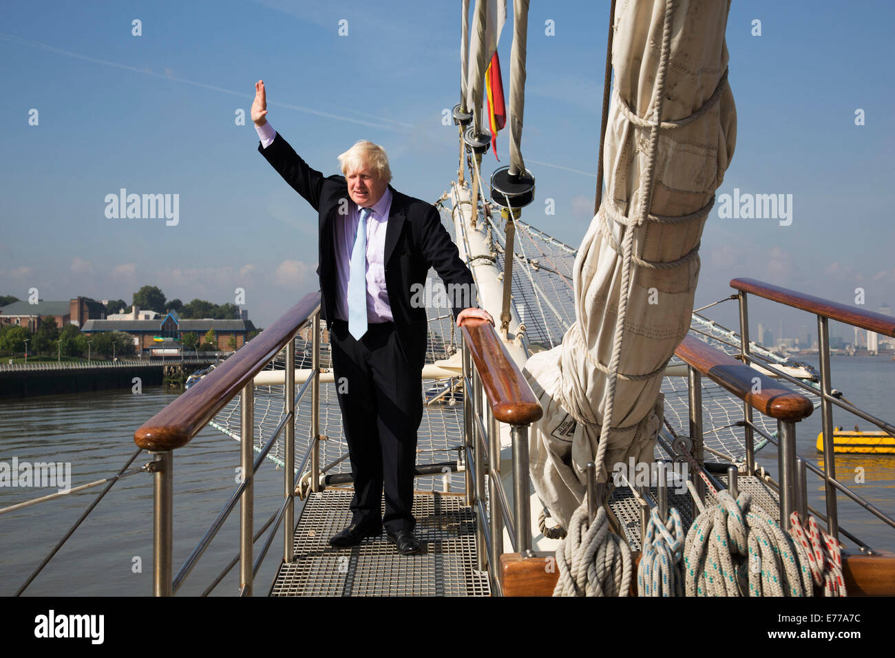 London, UK. 8th Sep, 2014. London Mayor Boris Johnson during a visit to Royal Greenwich Tall Ships Festival which is organized by RB Greenwich, aboard the vessel TS Tenacious. The Festival is included as a highlight of Totally Thames, the new month-long promotion of river and riverside events delivered by Thames Festival Trust. Credit:  Michael Kemp/Alamy Live News Stock Photo