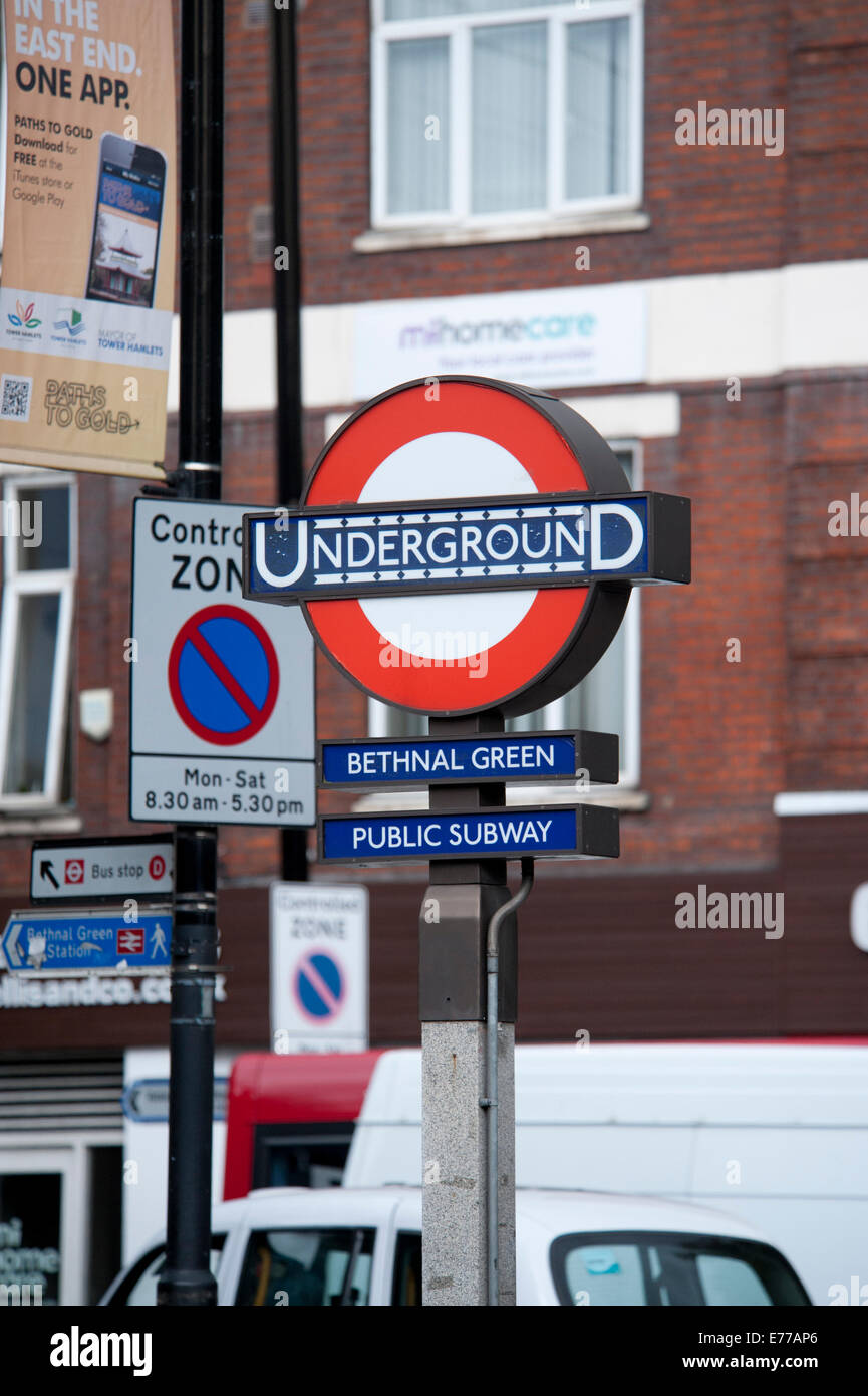 Underground tube station sign Bethnal Green, East End of London Stock