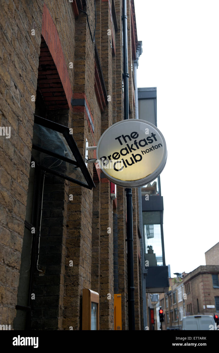 The Breakfast Club sign, a diner and lounge off Hoxton Square in East London. Stock Photo
