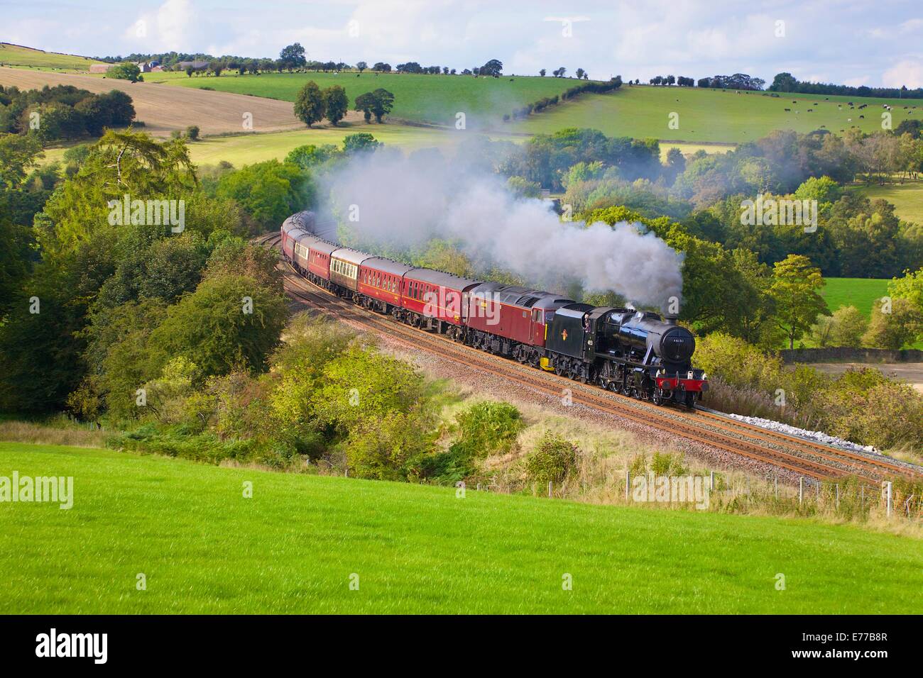 LMS Stanier Class 8F 48151, steam train near Low Baron Wood Farm Armathwaite Eden Valley, Cumbria, England, UK. Stock Photo