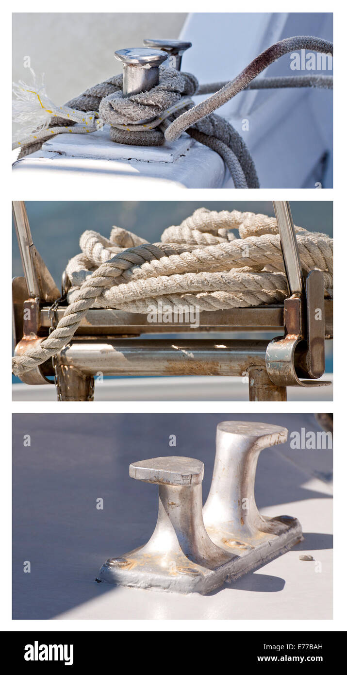 Nautical collage: rope details on the deck of a sailing boat Stock Photo